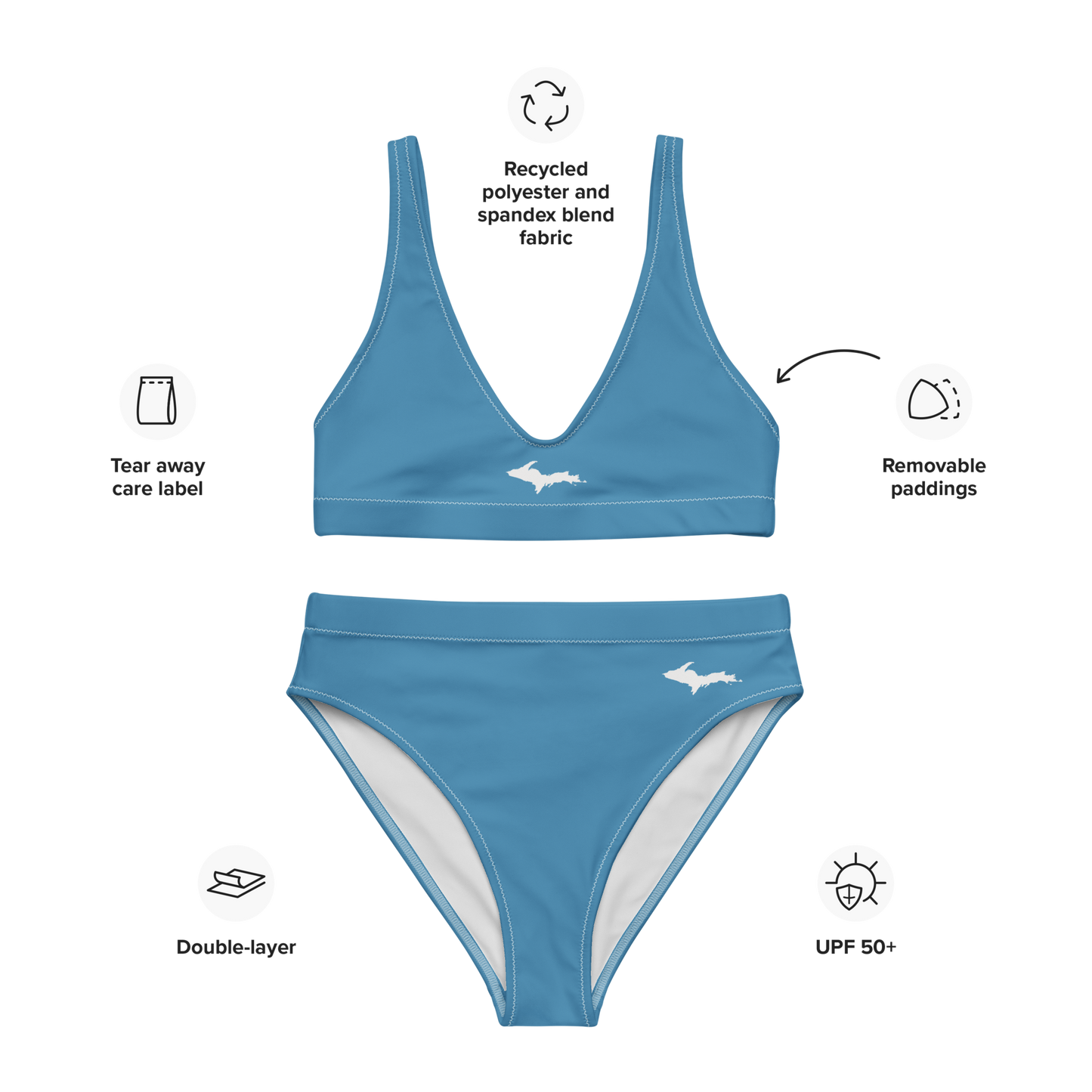 Michigan Upper Peninsula High-Waisted Bikini (w/ Dual UP Outlines) | Lake Michigan Blue