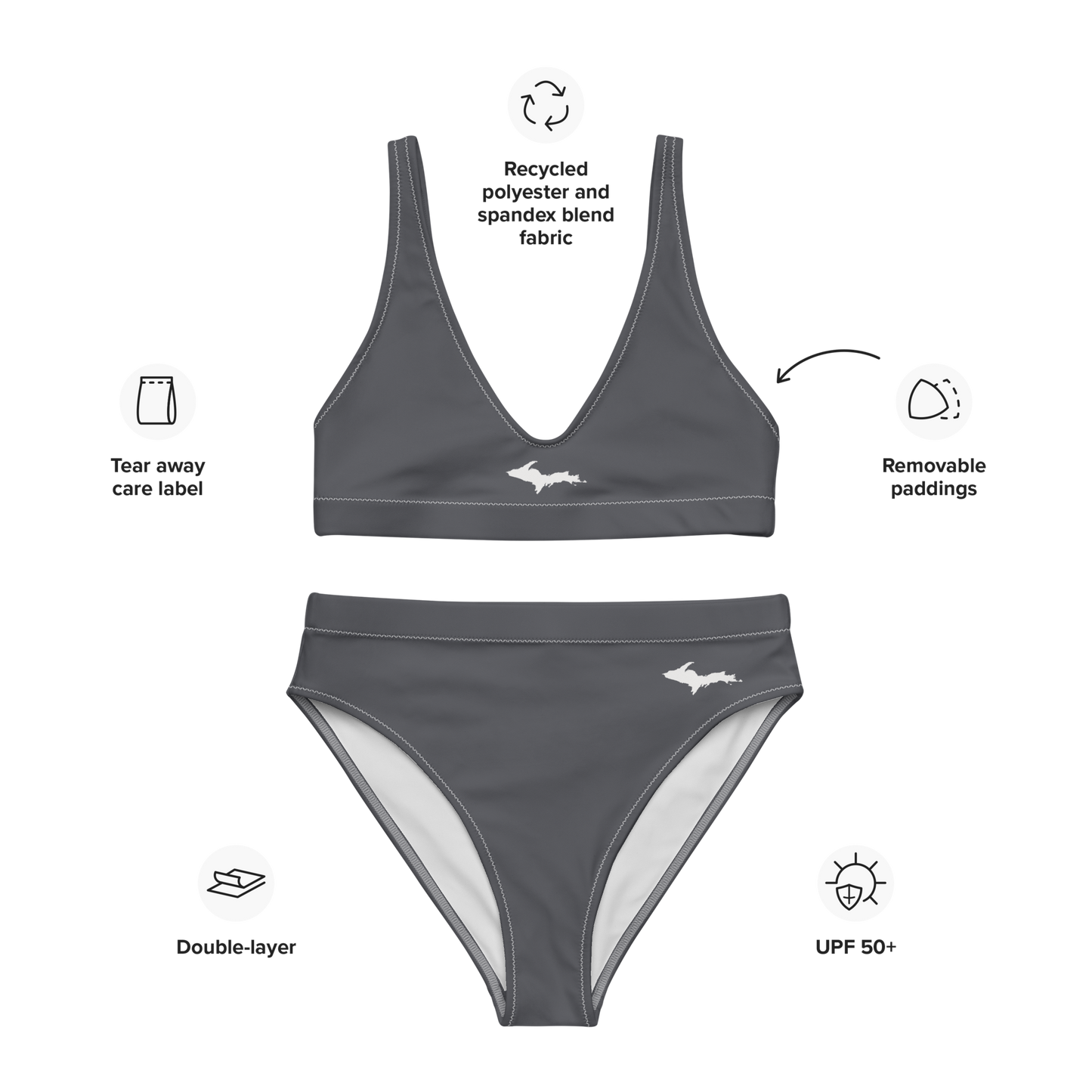 Michigan Upper Peninsula High-Waisted Bikini (w/ Dual UP Outlines) | Iron Ore Grey