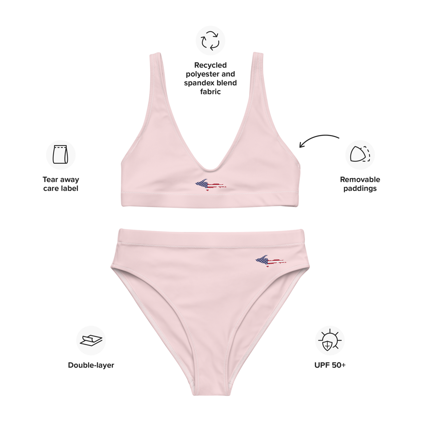 Michigan Upper Peninsula High-Waisted Bikini (w/ UP USA Flag) | Pale Pink