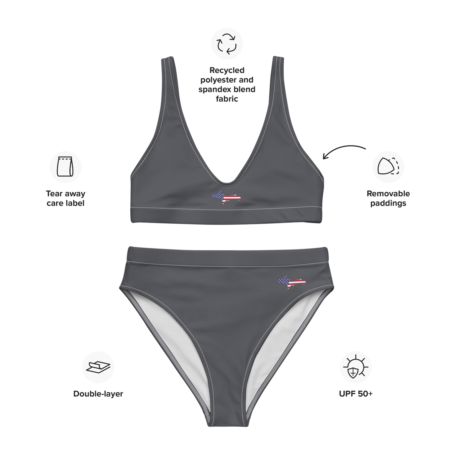 Michigan Upper Peninsula High-Waisted Bikini (w/ UP USA Flag) | Iron Ore Grey