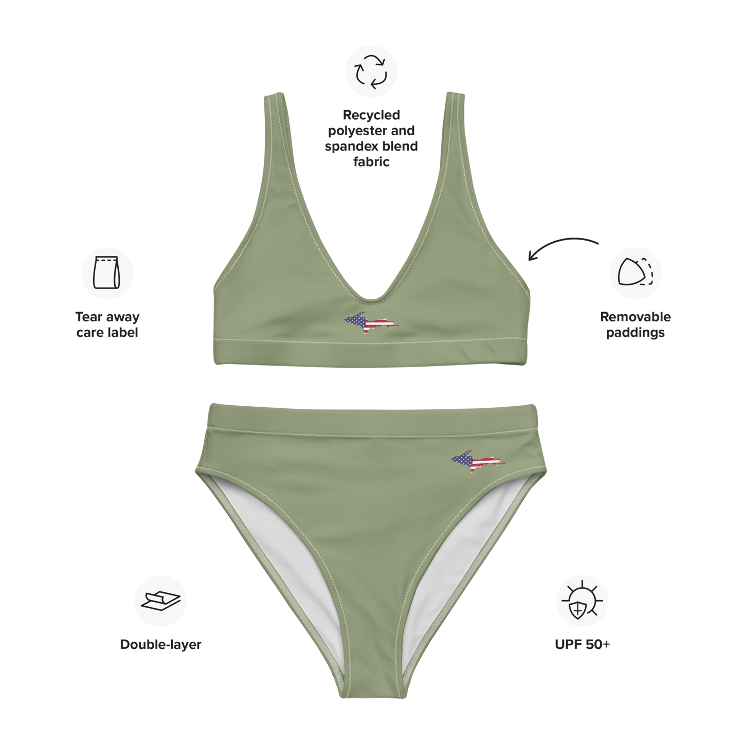 Michigan Upper Peninsula High-Waisted Bikini (w/ UP USA Flag) | Beachgrass Green