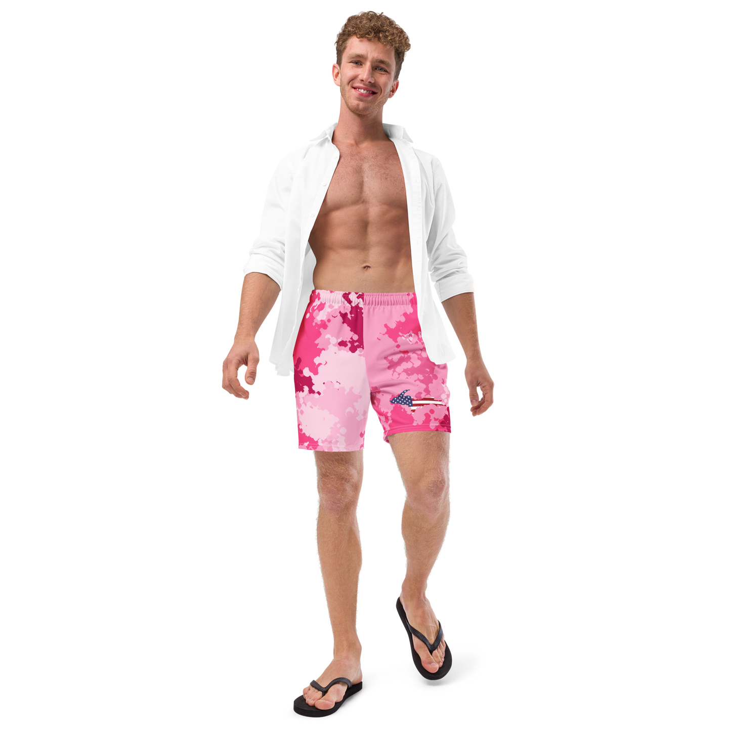 Michigan Upper Peninsula Men's Swim Trunks (w/ UP USA Flag ) | Pink Camo