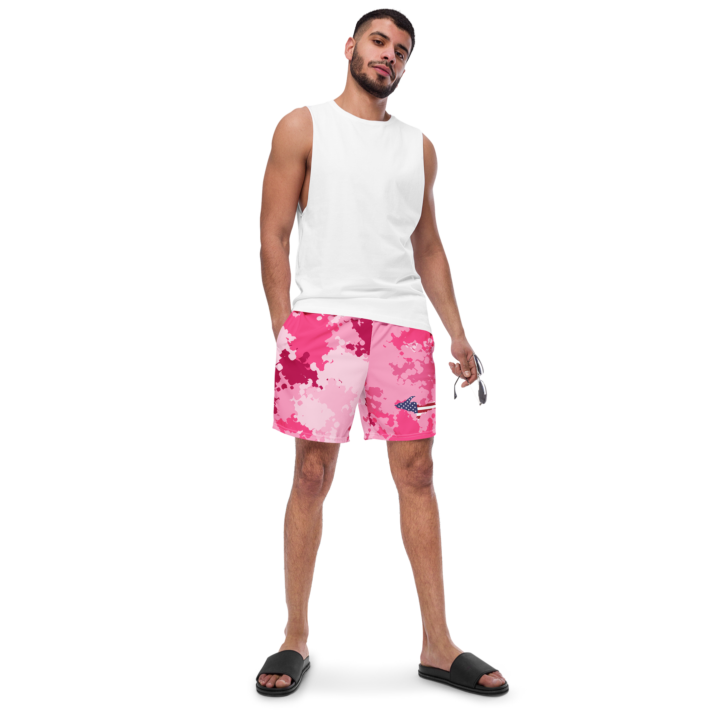 Michigan Upper Peninsula Men's Swim Trunks (w/ UP USA Flag ) | Pink Camo