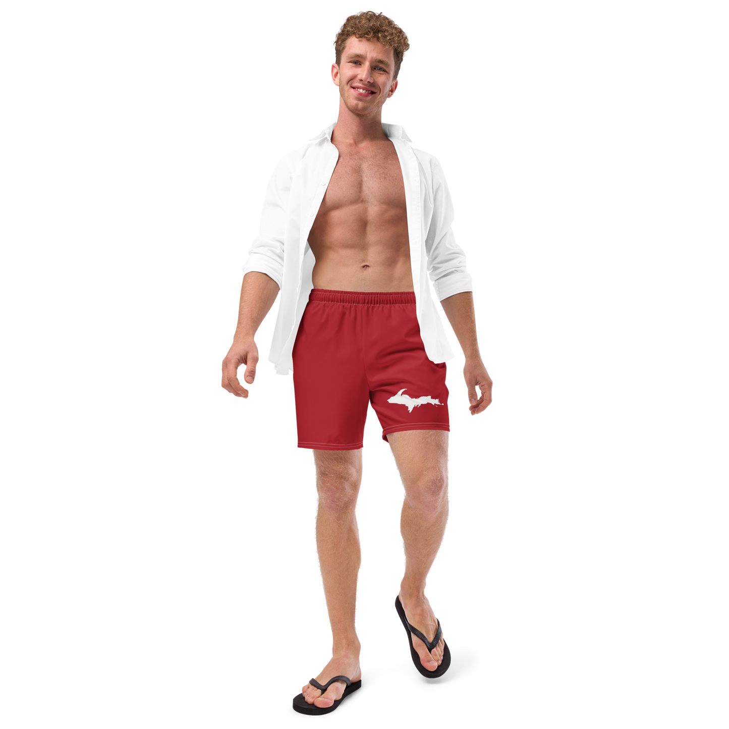 Michigan Upper Peninsula Men's Swim Trunks (w/ UP Outline) | Thimbleberry Red