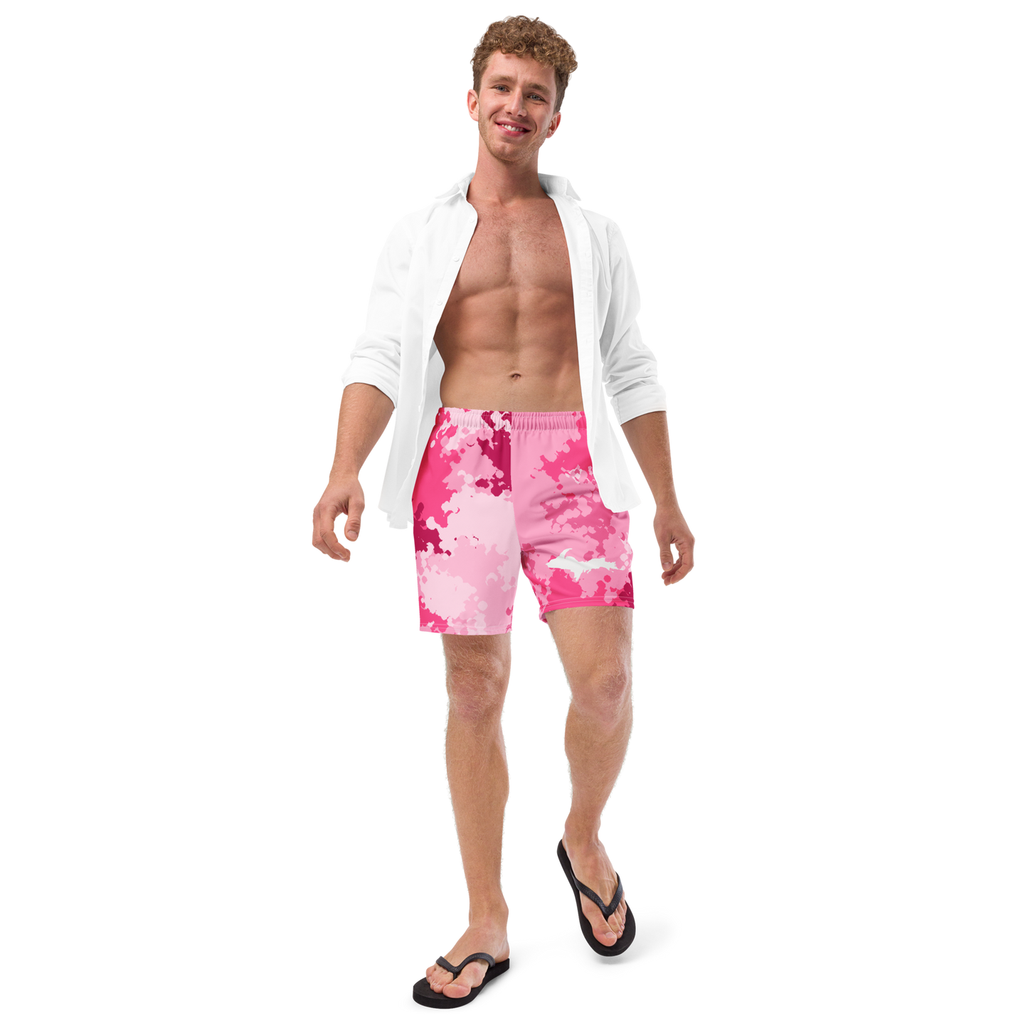 Michigan Upper Peninsula Men's Swim Trunks (w/ UP Outline) | Pink Camo