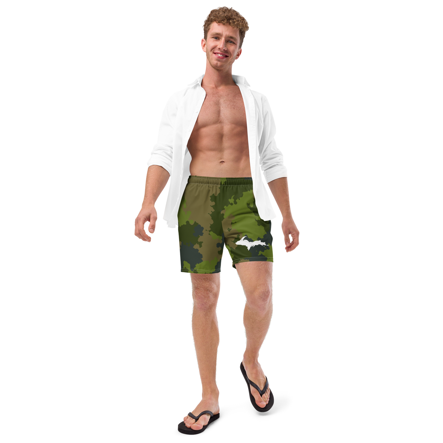 Michigan Upper Peninsula Men's Swim Trunks (w/ UP Outline ) | Woodland Camo