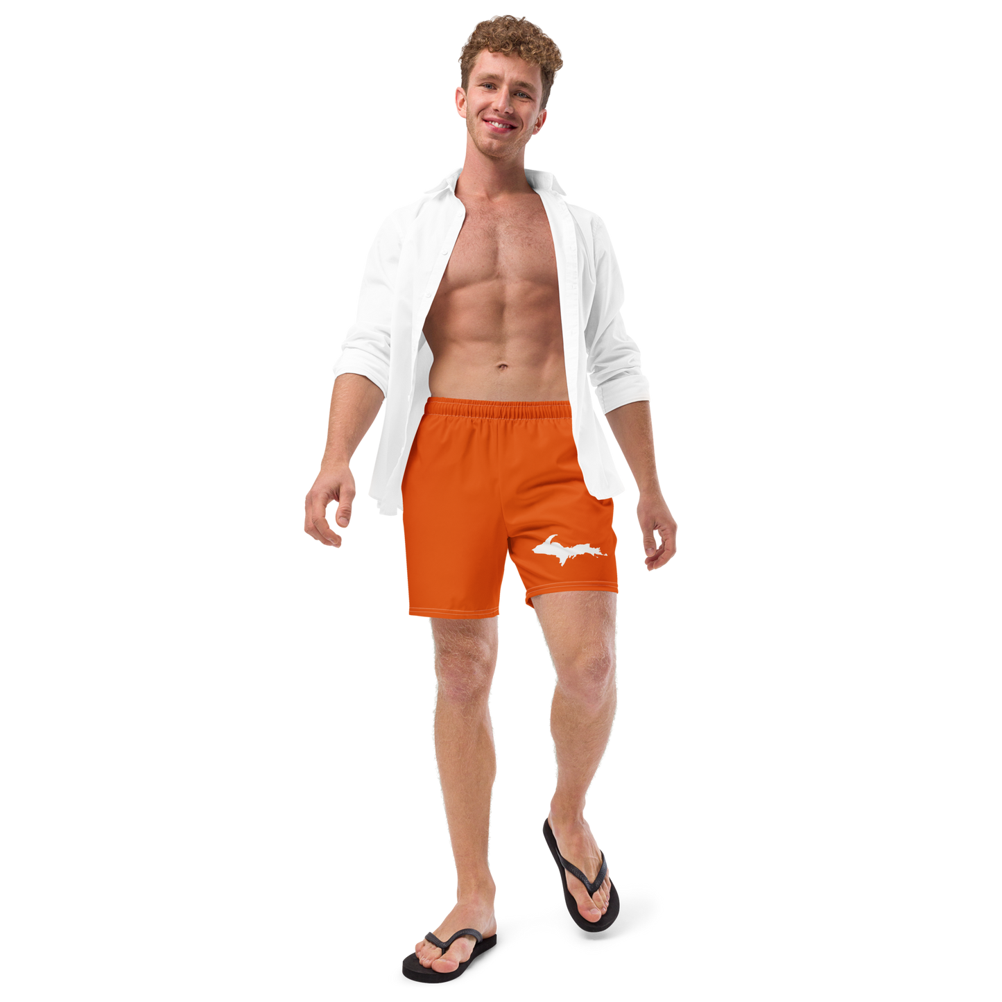 Michigan Upper Peninsula Men's Swim Trunks (w/ UP Outline ) | Maple Leaf Orange