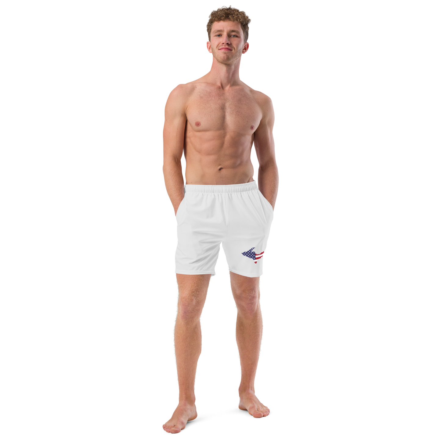 Michigan Upper Peninsula Men's Swim Trunks (w/ UP USA Flag ) | Birch Bark White