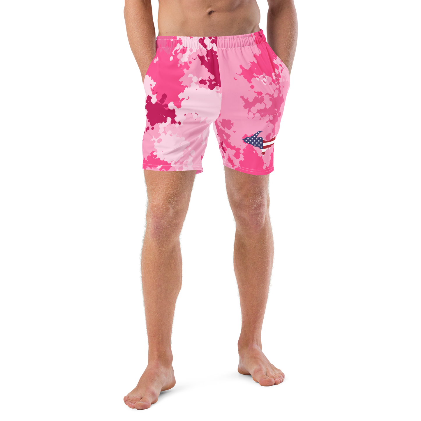 Michigan Upper Peninsula Men's Swim Trunks (w/ UP USA Flag ) | Pink Camo