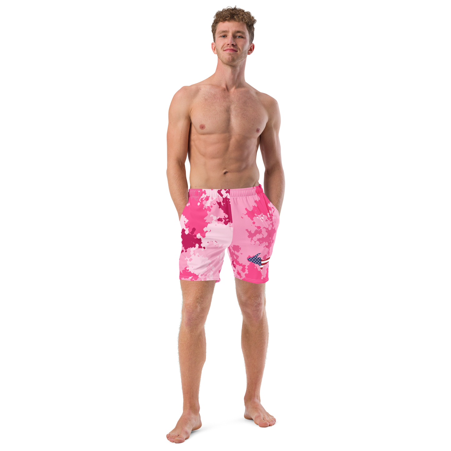 Michigan Upper Peninsula Men's Swim Trunks (w/ UP USA Flag ) | Pink Camo