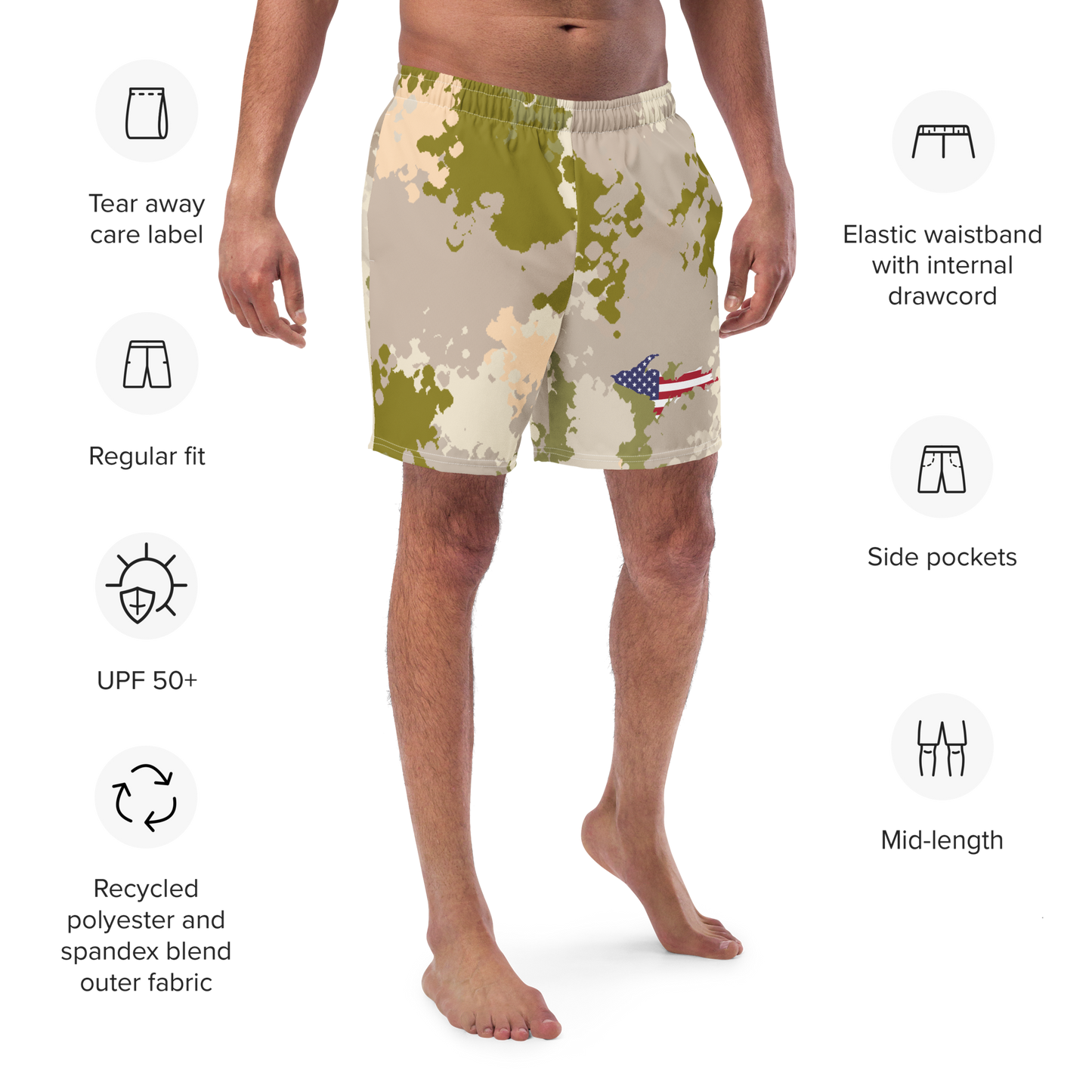 Michigan Upper Peninsula Men's Swim Trunks (w/ UP USA Flag ) | Rosy Mound Camo