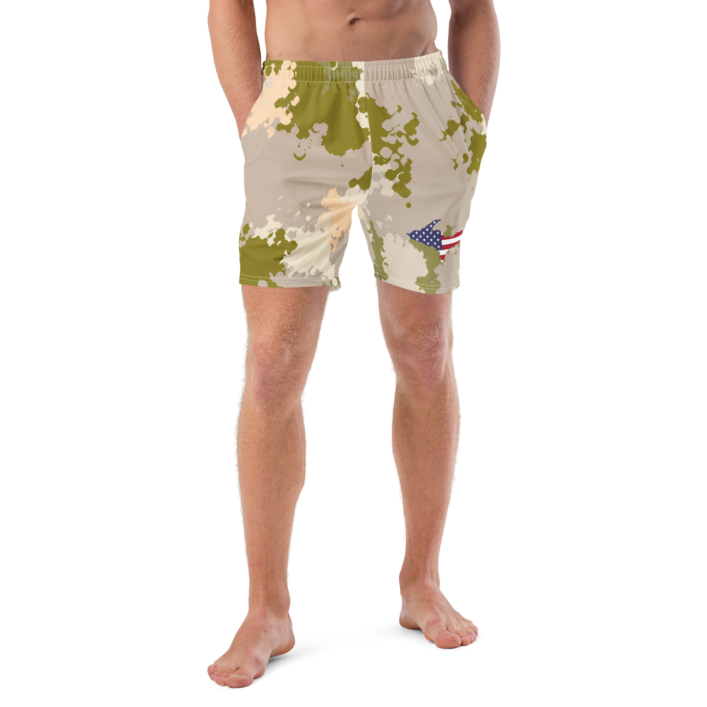 Michigan Upper Peninsula Men's Swim Trunks (w/ UP USA Flag ) | Rosy Mound Camo