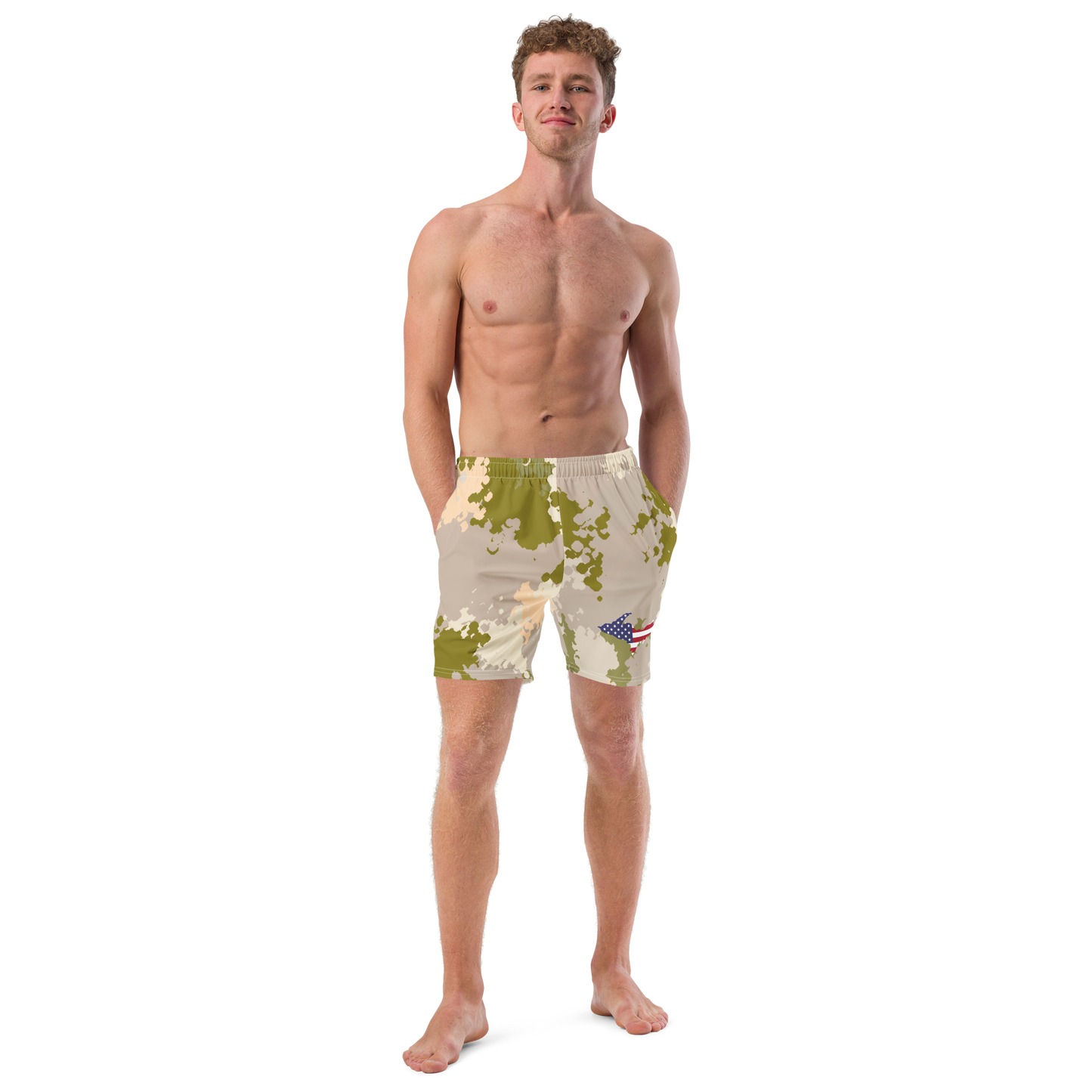 Michigan Upper Peninsula Men's Swim Trunks (w/ UP USA Flag ) | Rosy Mound Camo