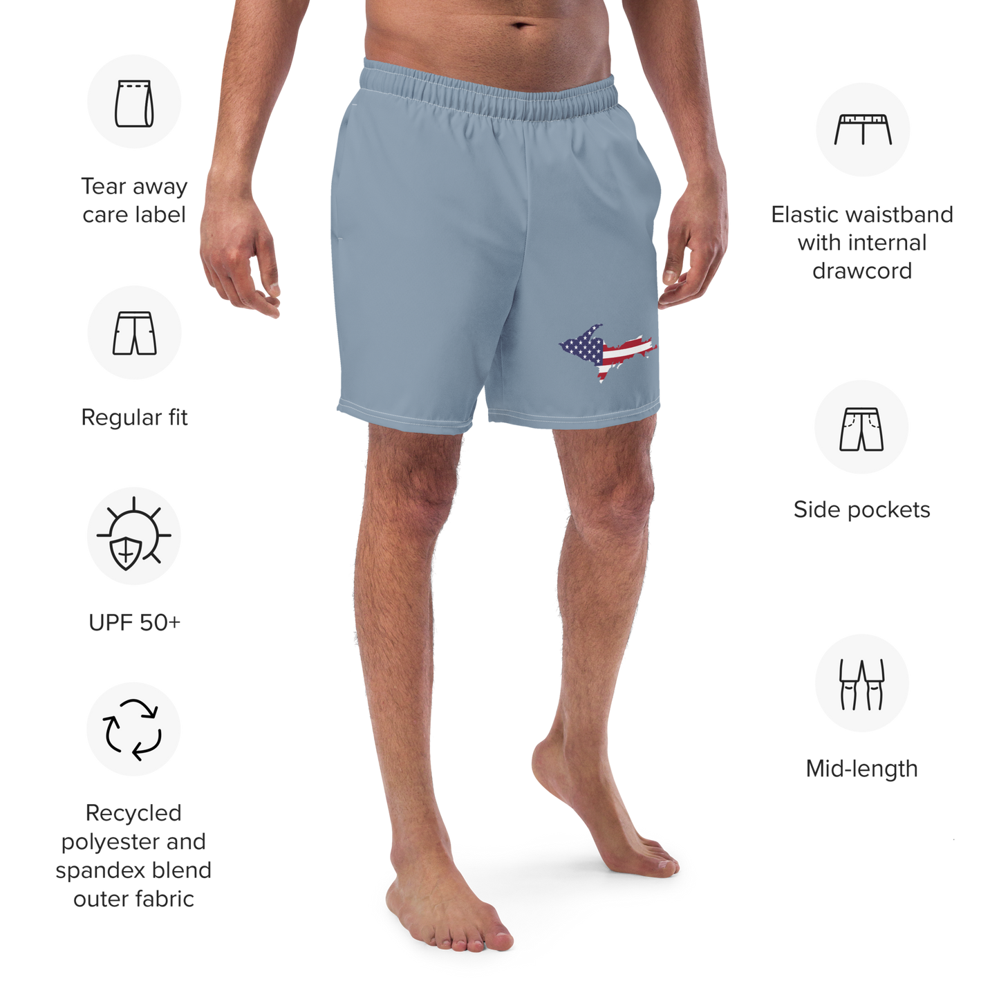 Michigan Upper Peninsula Men's Swim Trunks (w/ UP USA Flag ) | B-24 Grey