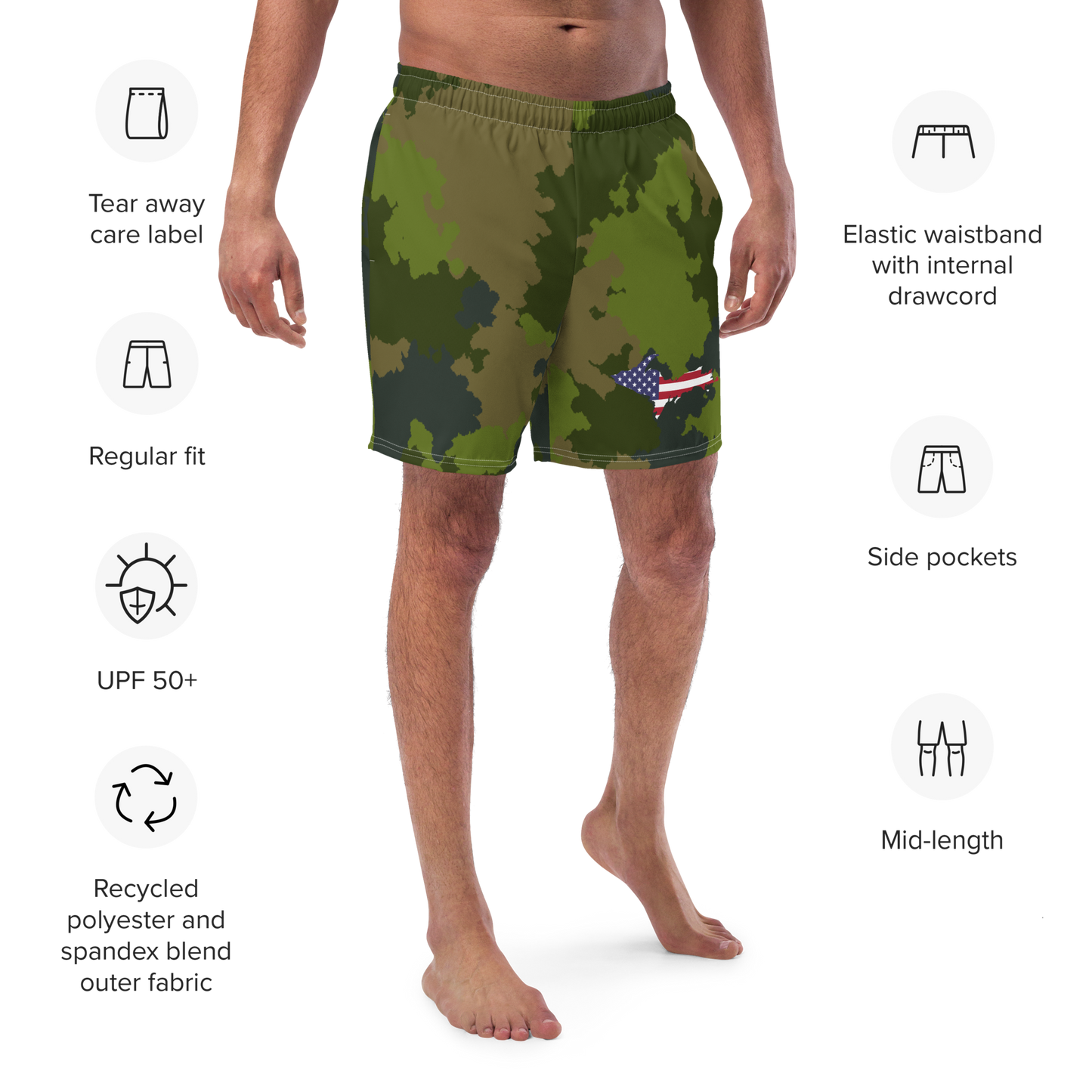 Michigan Upper Peninsula Men's Swim Trunks (w/ UP USA Flag ) | Woodland Camo