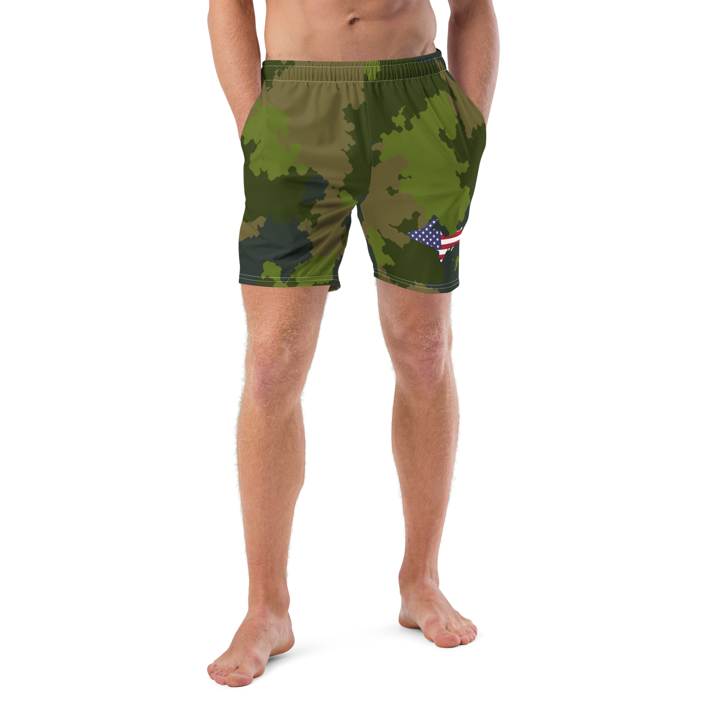 Michigan Upper Peninsula Men's Swim Trunks (w/ UP USA Flag ) | Woodland Camo