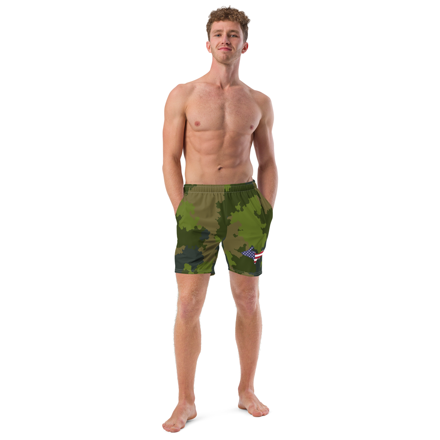 Michigan Upper Peninsula Men's Swim Trunks (w/ UP USA Flag ) | Woodland Camo