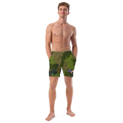 Michigan Upper Peninsula Men's Swim Trunks (w/ UP USA Flag ) | Woodland Camo