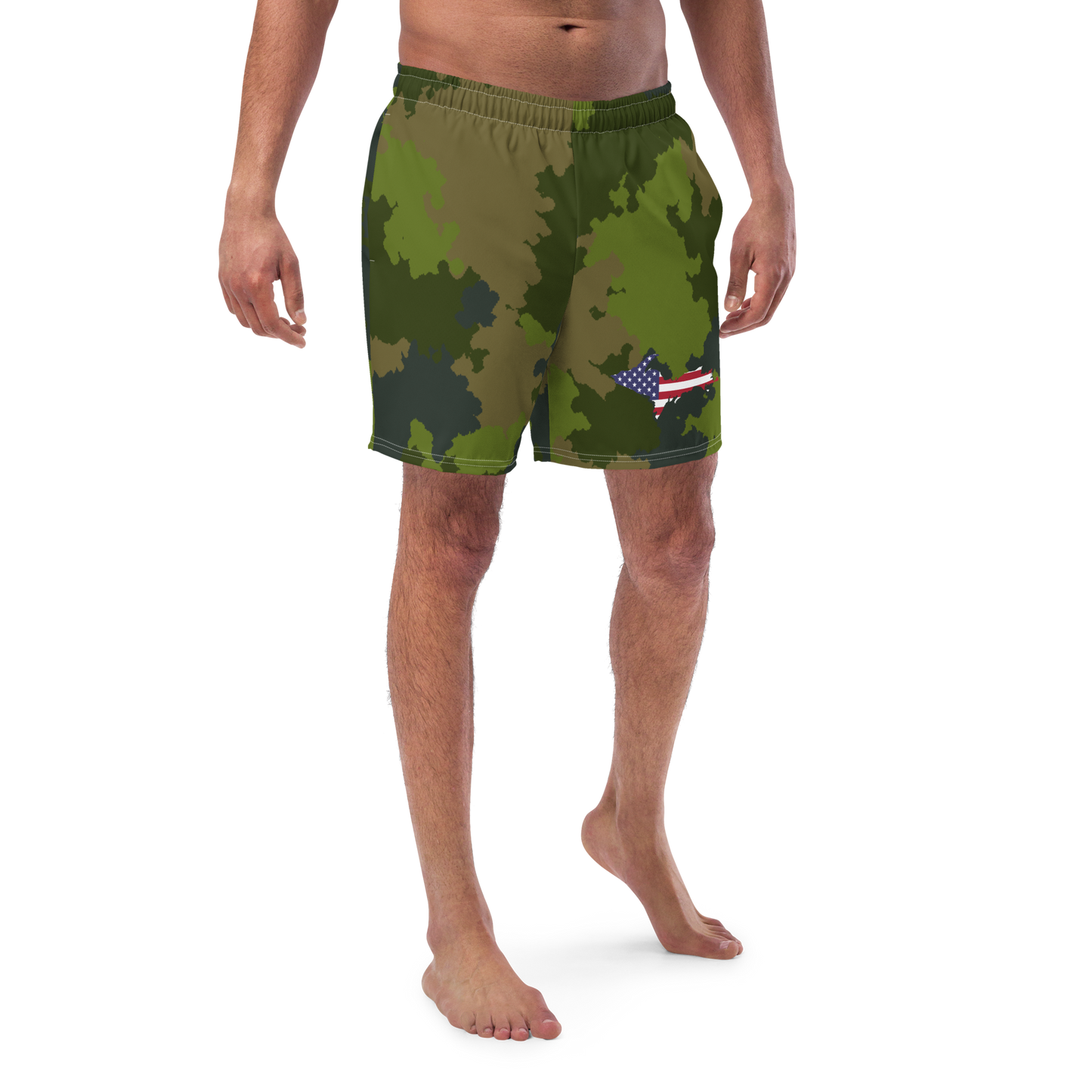 Michigan Upper Peninsula Men's Swim Trunks (w/ UP USA Flag ) | Woodland Camo