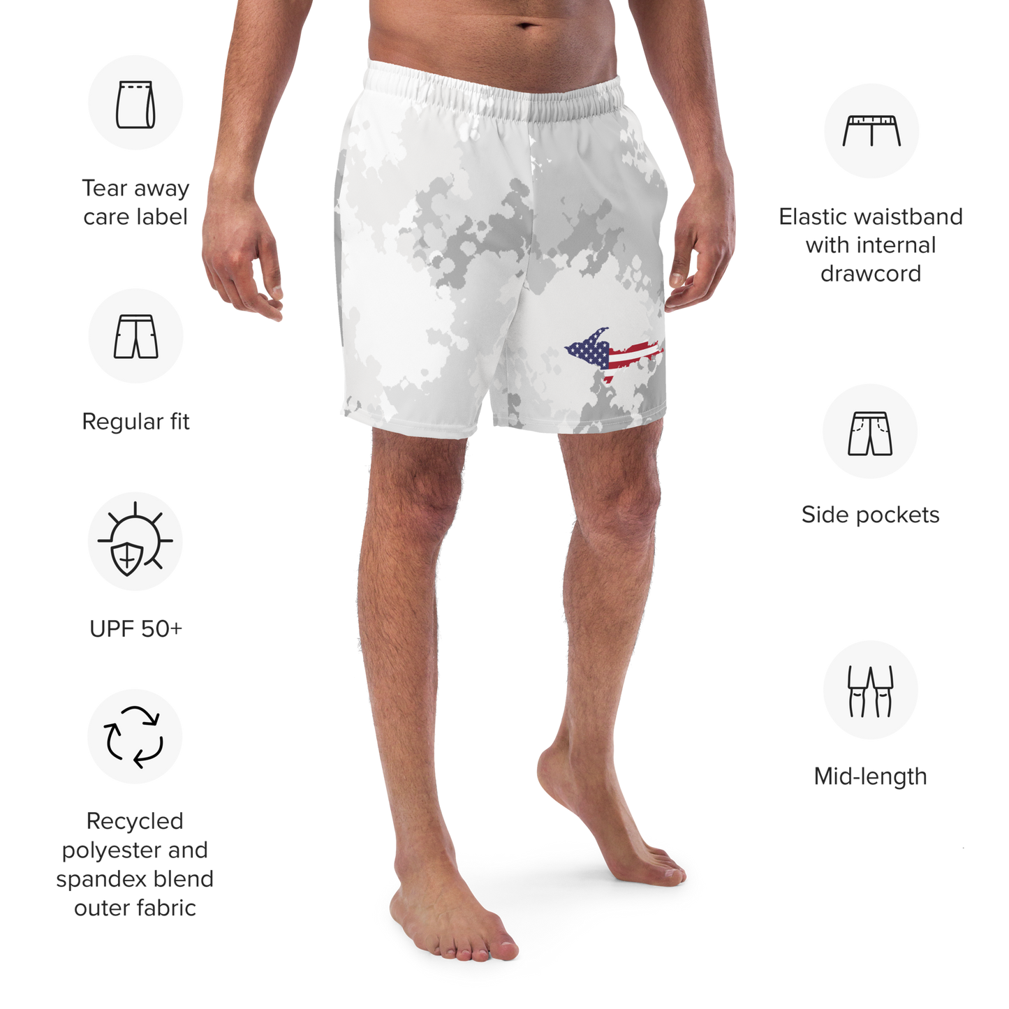 Michigan Upper Peninsula Men's Swim Trunks (w/ UP USA Flag ) | Snow Camo