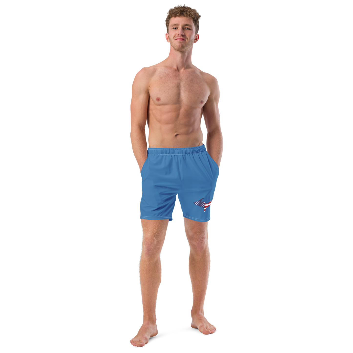 Michigan Upper Peninsula Men's Swim Trunks (w/ UP USA Flag ) | Lake Superior Blue