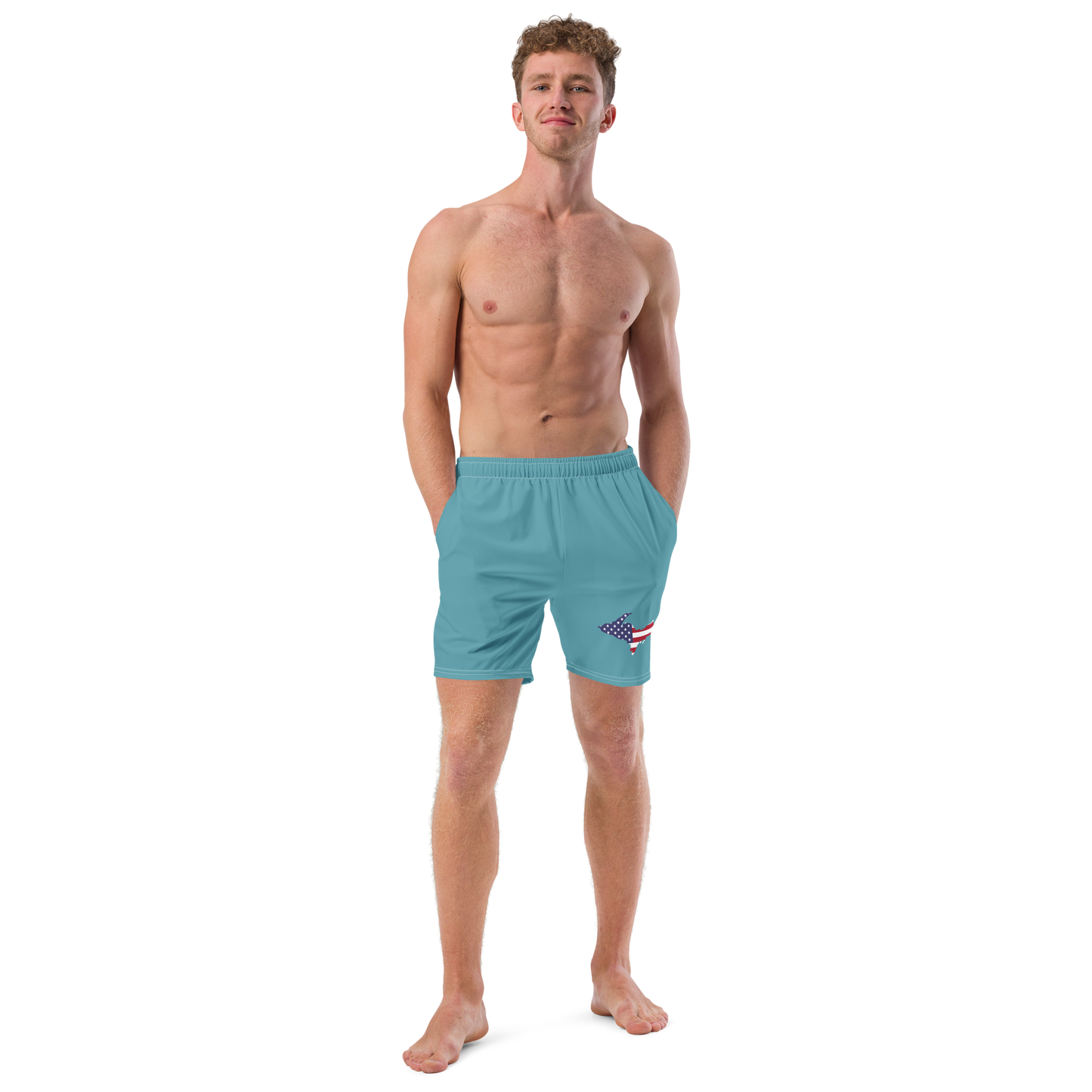 Michigan Upper Peninsula Men's Swim Trunks (w/ UP USA Flag ) | Lake Huron Blue