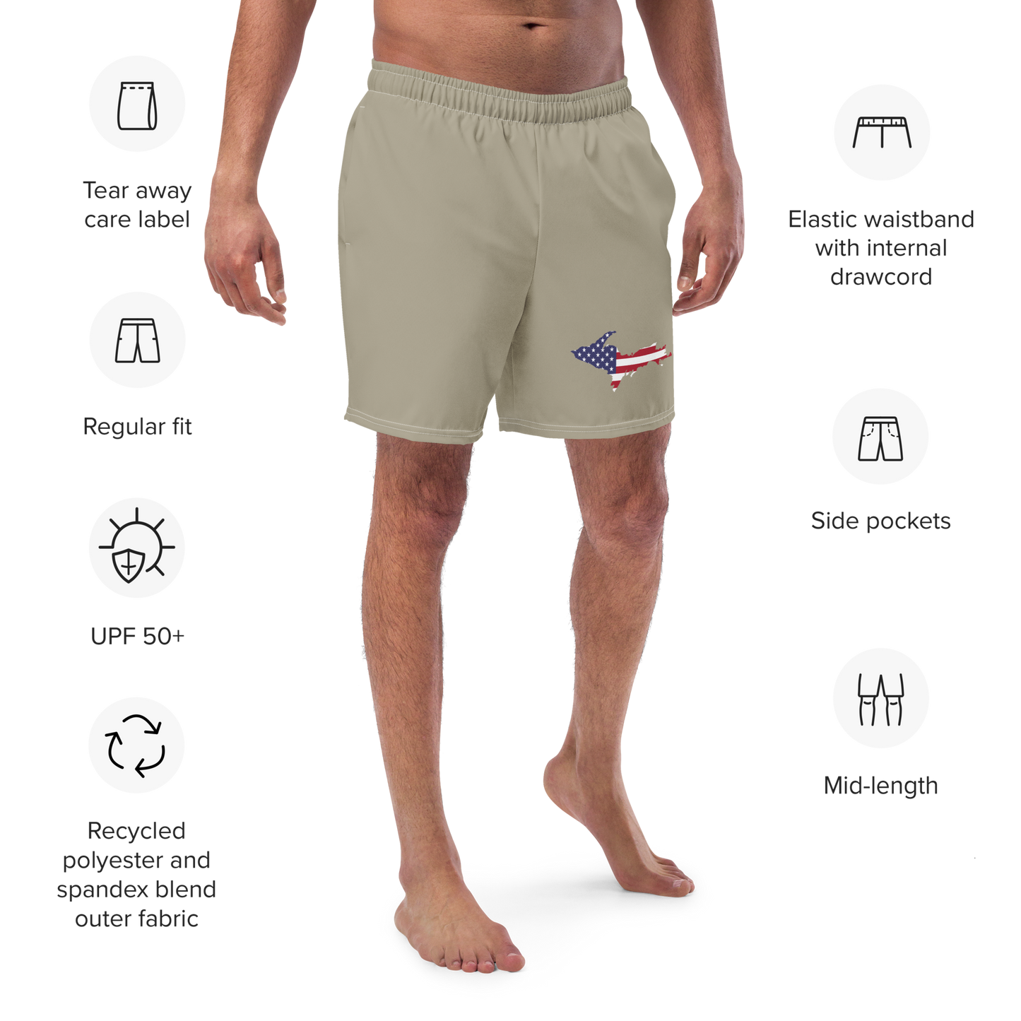 Michigan Upper Peninsula Men's Swim Trunks (w/ UP USA Flag ) | Petoskey Stone Beige