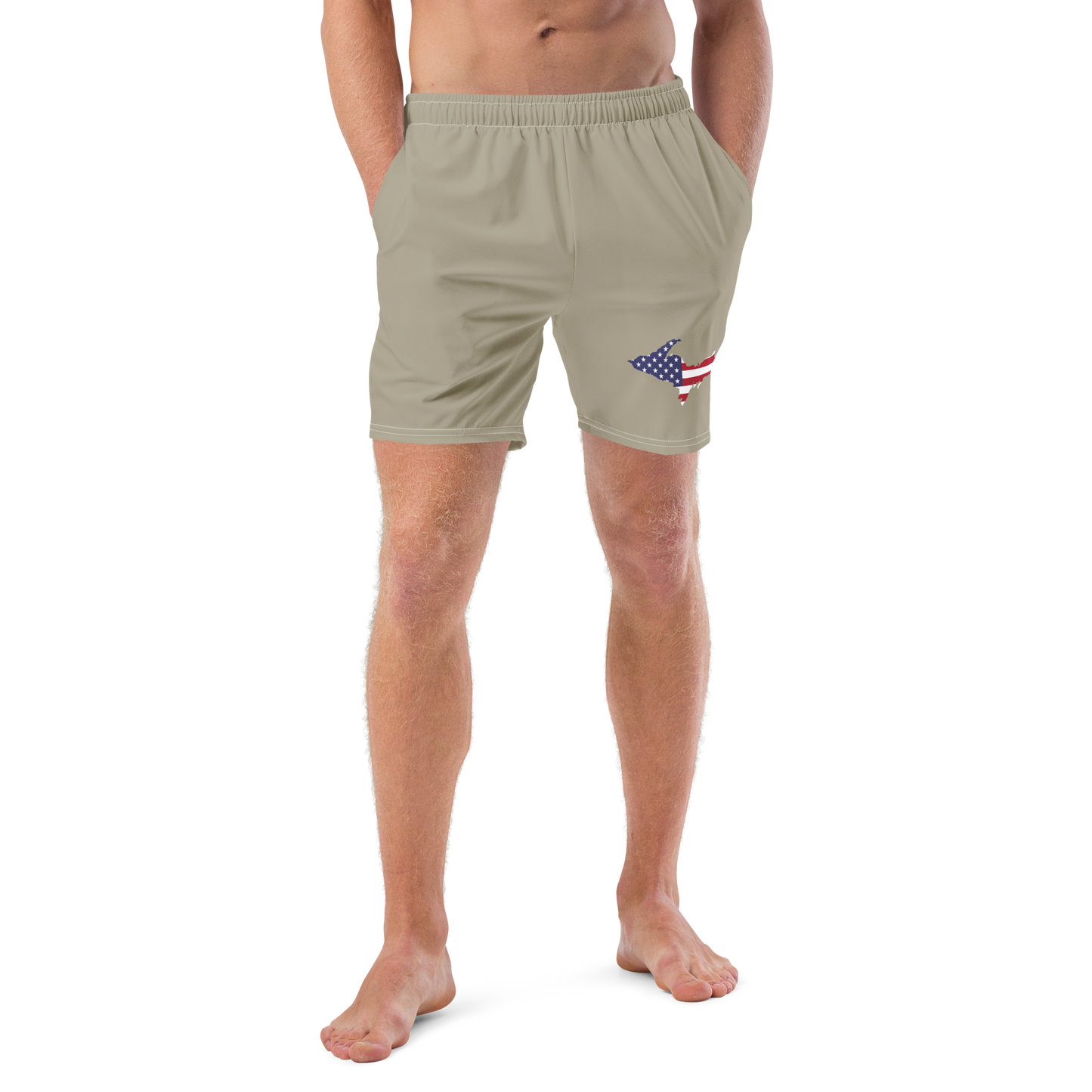 Michigan Upper Peninsula Men's Swim Trunks (w/ UP USA Flag ) | Petoskey Stone Beige