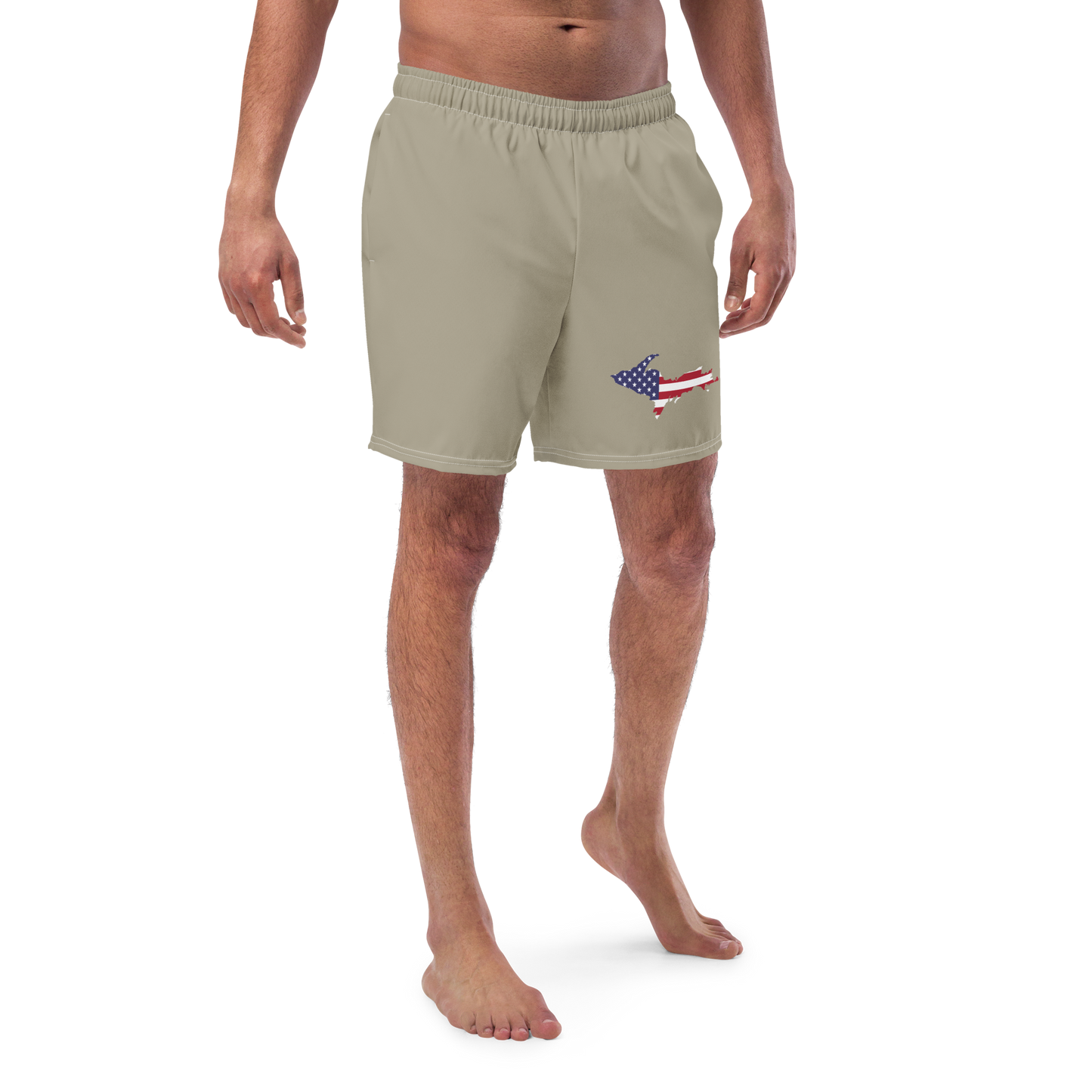 Michigan Upper Peninsula Men's Swim Trunks (w/ UP USA Flag ) | Petoskey Stone Beige