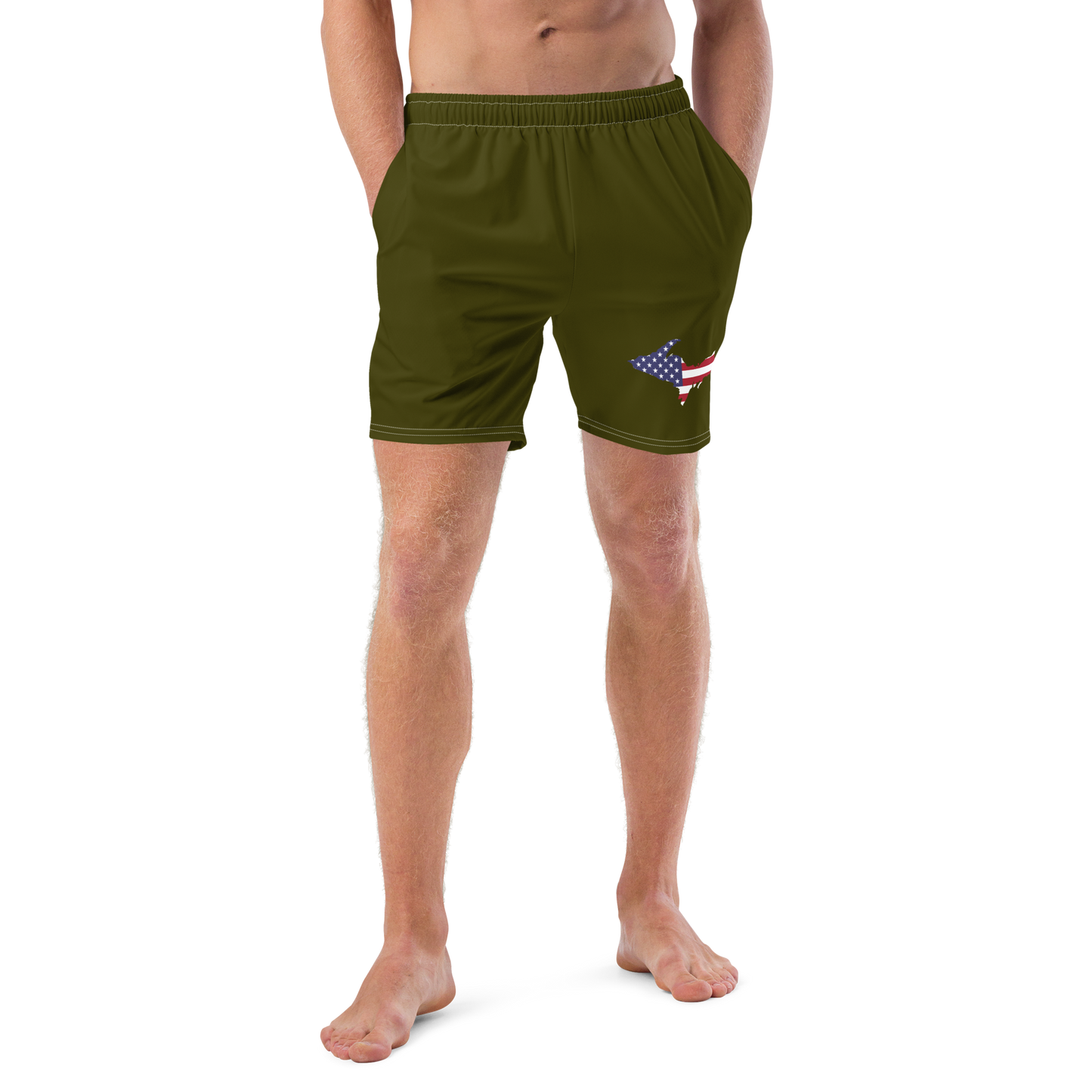 Michigan Upper Peninsula Men's Swim Trunks (w/ UP USA Flag ) | Military Green