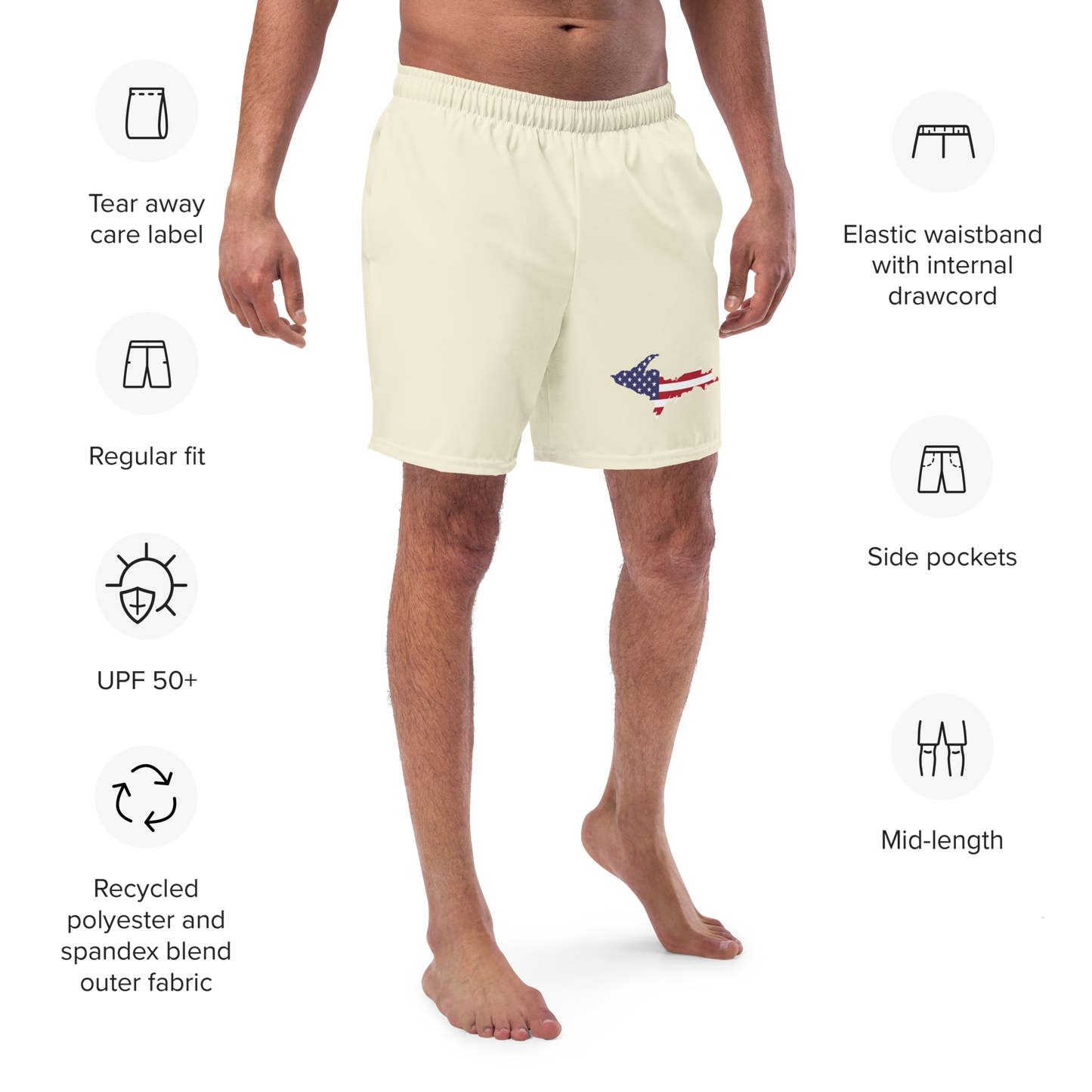 Michigan Upper Peninsula Men's Swim Trunks (w/ UP USA Flag ) | Ivory Color