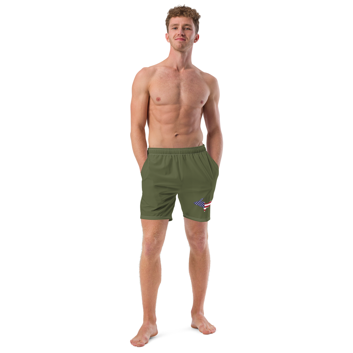 Michigan Upper Peninsula Men's Swim Trunks (w/ UP USA Flag ) | Army Green