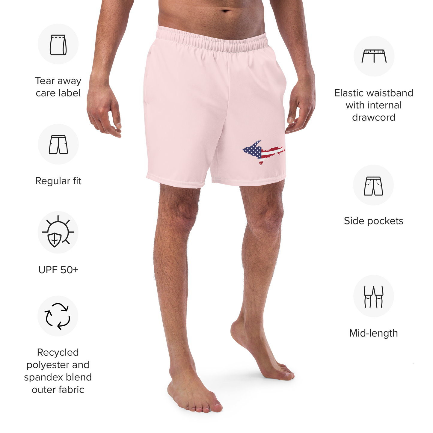 Michigan Upper Peninsula Men's Swim Trunks (w/ UP USA Flag ) | Pale Pink