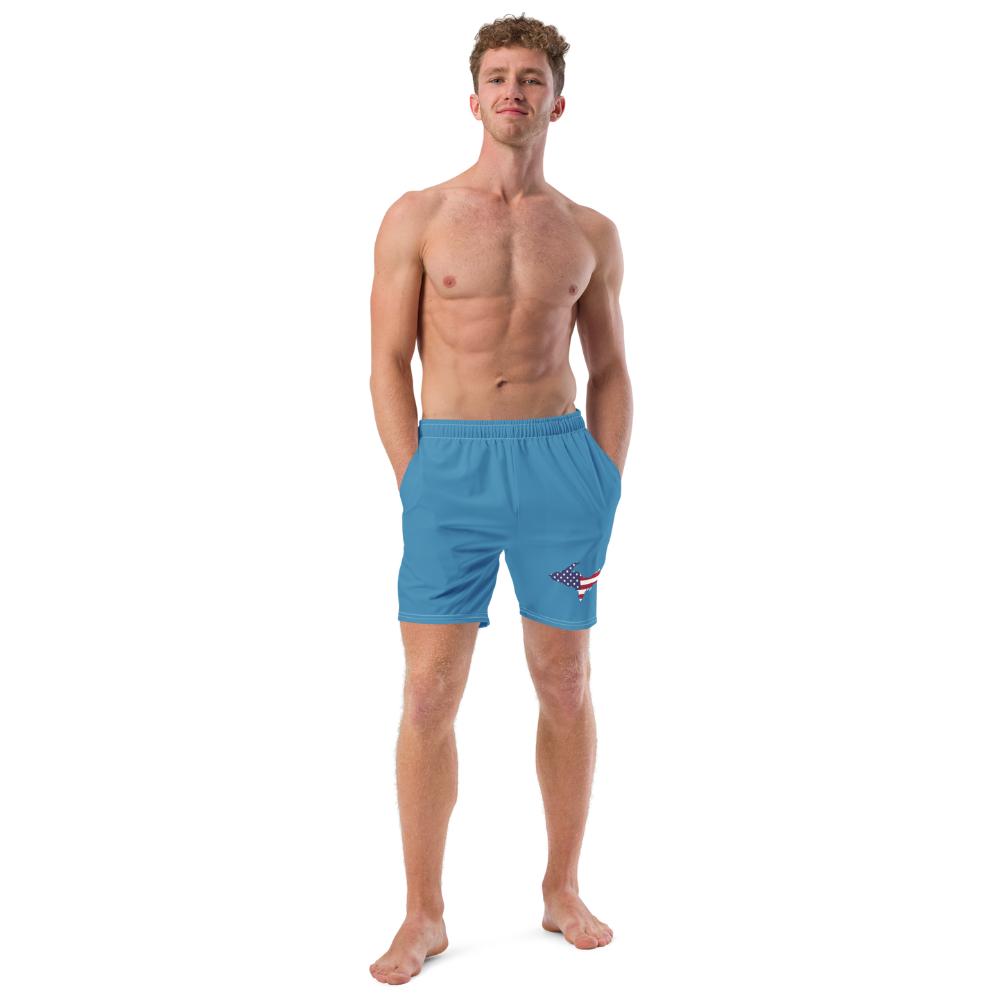 Michigan Upper Peninsula Men's Swim Trunks (w/ UP USA Flag ) | Lake Michigan Blue