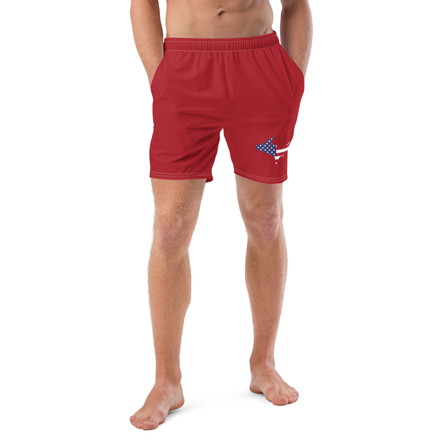 Michigan Upper Peninsula Men's Swim Trunks (w/ UP USA Flag ) | Thimbleberry Red