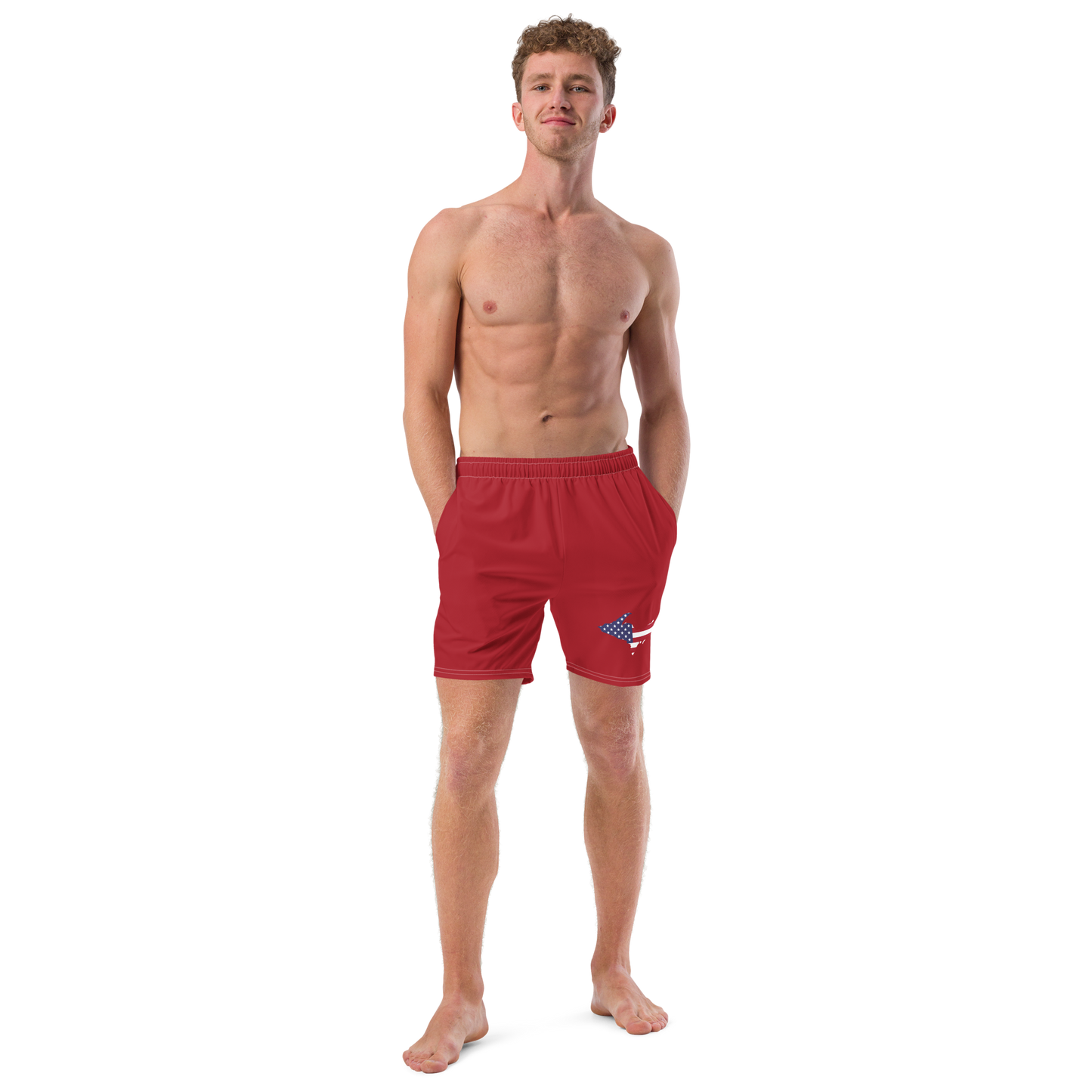 Michigan Upper Peninsula Men's Swim Trunks (w/ UP USA Flag ) | Thimbleberry Red