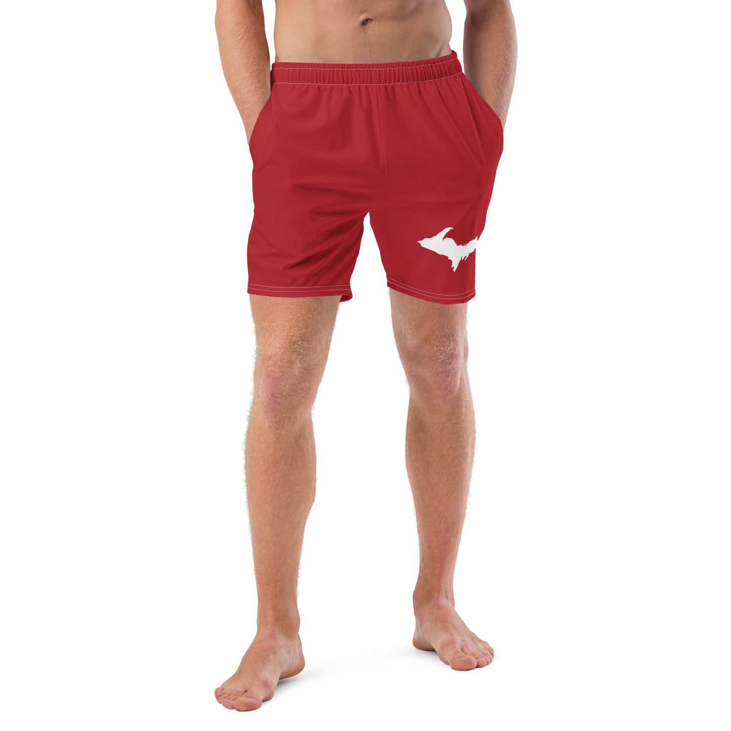 Michigan Upper Peninsula Men's Swim Trunks (w/ UP Outline) | Thimbleberry Red