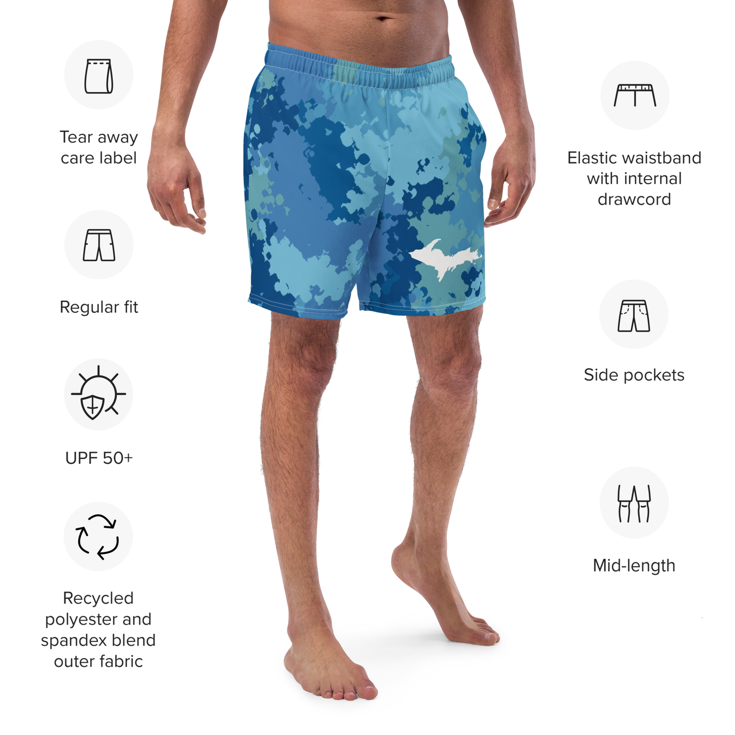 Michigan Upper Peninsula Men's Swim Trunks (w/ UP Outline) | Great Lakes Camo