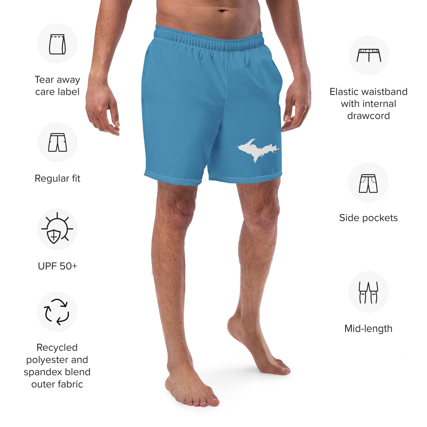 Michigan Upper Peninsula Men's Swim Trunks (w/ UP Outline) | Lake Michigan Blue