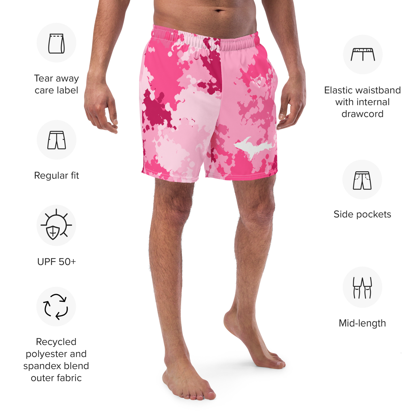 Michigan Upper Peninsula Men's Swim Trunks (w/ UP Outline) | Pink Camo