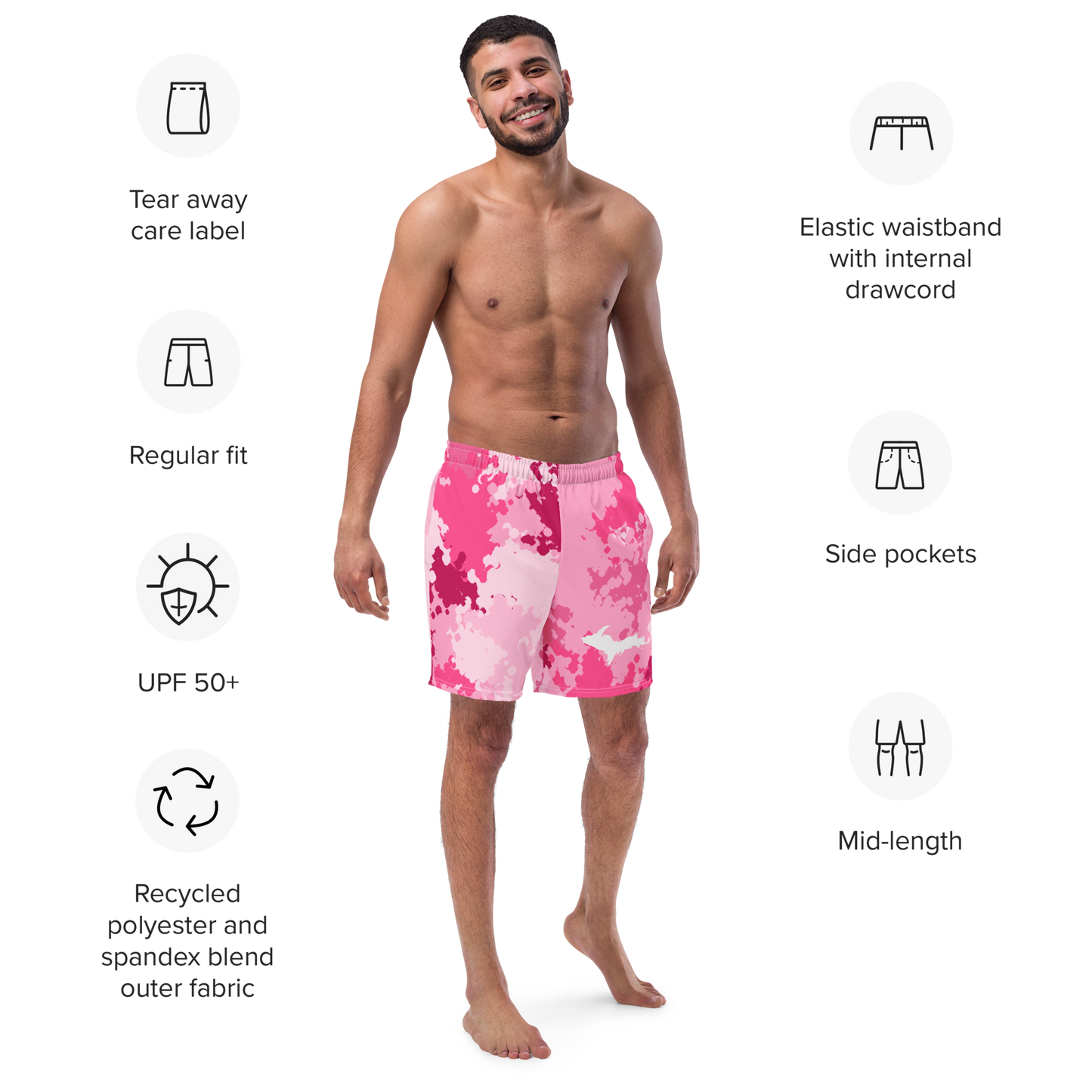 Michigan Upper Peninsula Men's Swim Trunks (w/ UP Outline) | Pink Camo