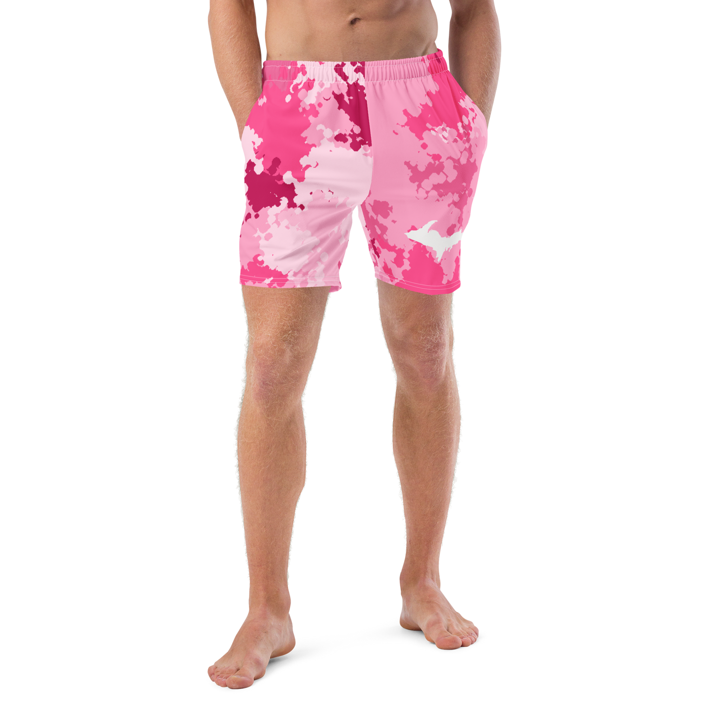 Michigan Upper Peninsula Men's Swim Trunks (w/ UP Outline) | Pink Camo