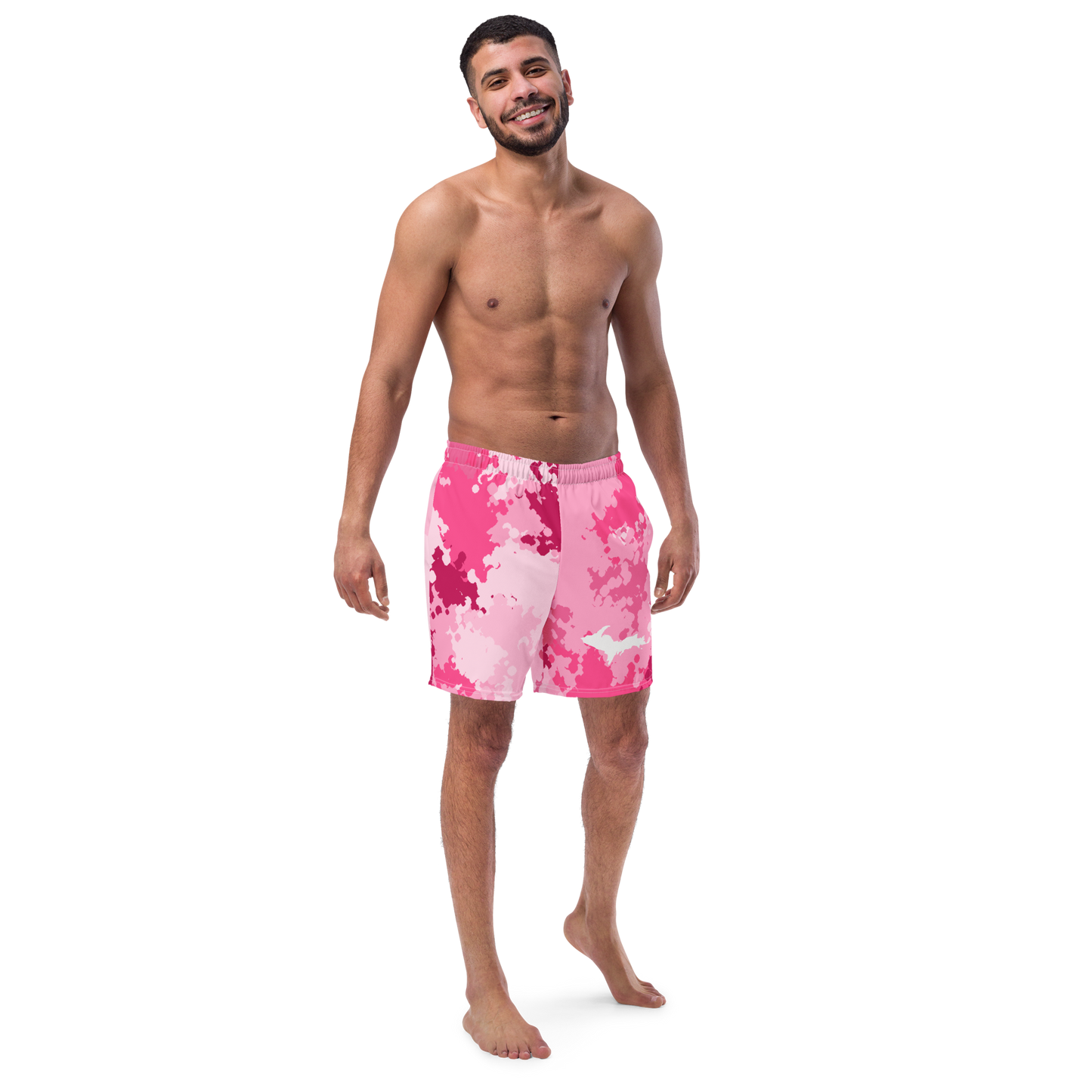 Michigan Upper Peninsula Men's Swim Trunks (w/ UP Outline) | Pink Camo