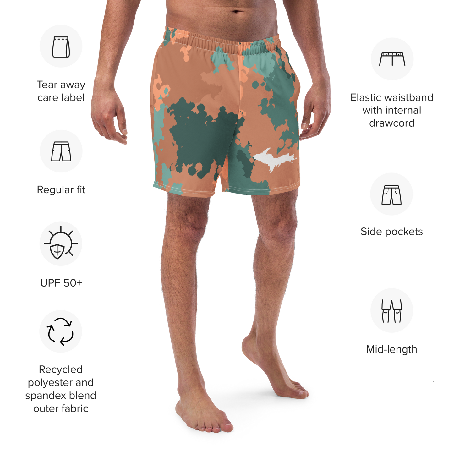 Michigan Upper Peninsula Men's Swim Trunks (w/ UP Outline) | Copper Country Camo