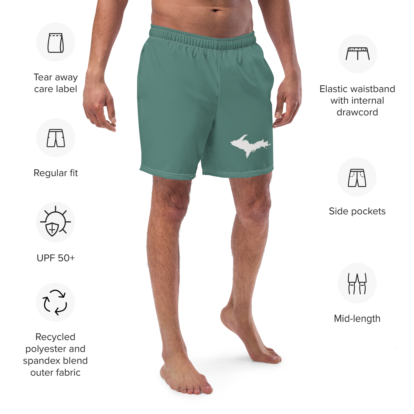 Michigan Upper Peninsula Men's Swim Trunks (w/ UP Outline) | Copper Green