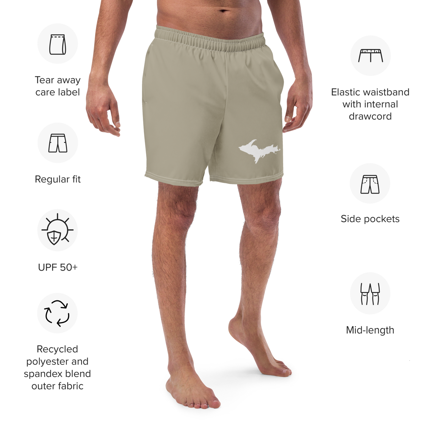 Michigan Upper Peninsula Men's Swim Trunks (w/ UP Outline) | Petoskey Stone Beige