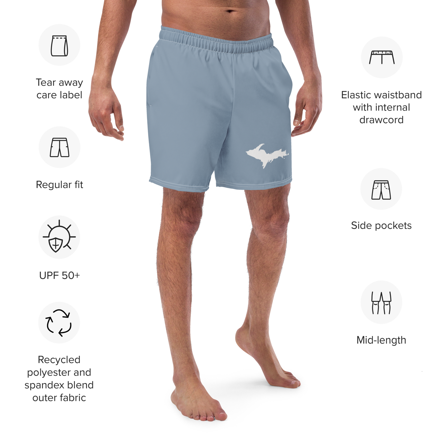 Michigan Upper Peninsula Men's Swim Trunks (w/ UP Outline ) | B-24 Grey