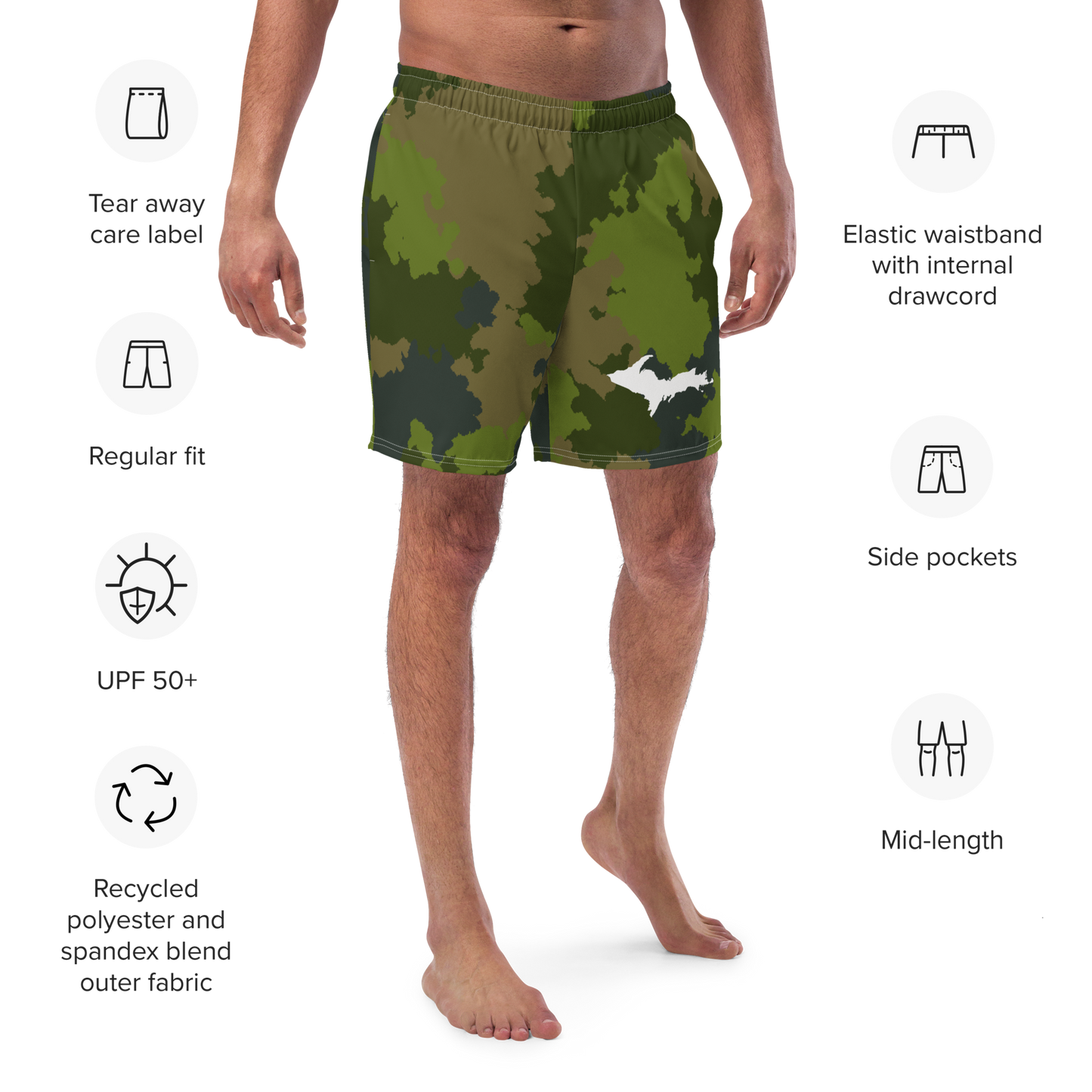 Michigan Upper Peninsula Men's Swim Trunks (w/ UP Outline ) | Woodland Camo