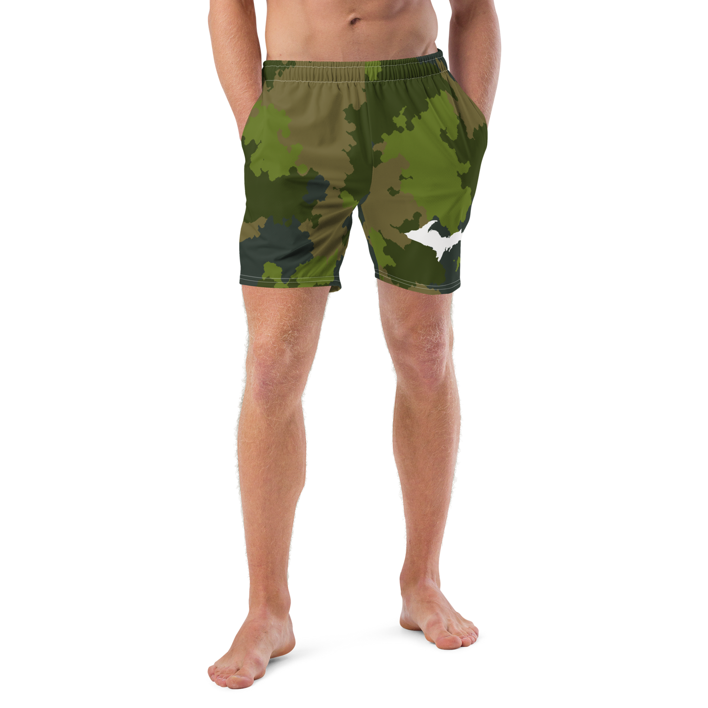 Michigan Upper Peninsula Men's Swim Trunks (w/ UP Outline ) | Woodland Camo