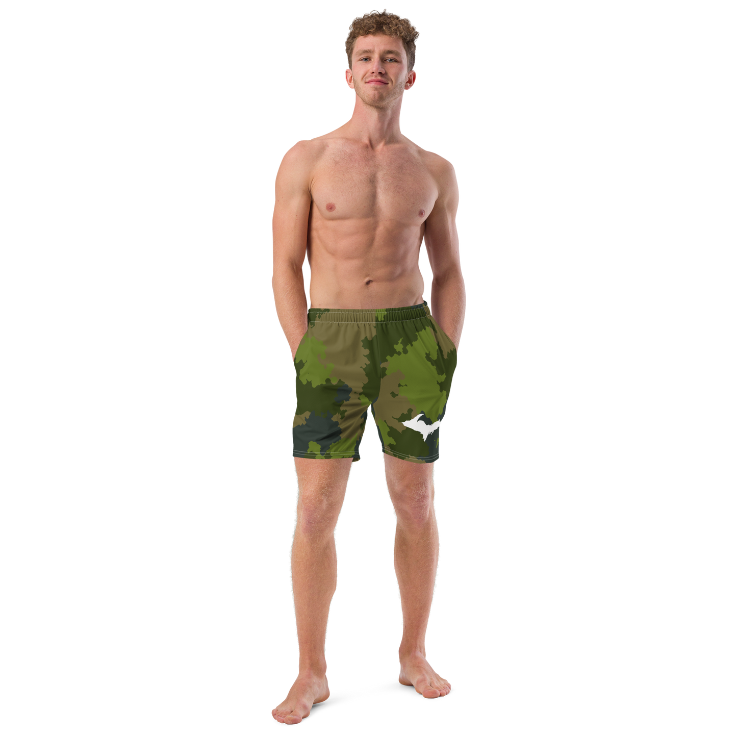 Michigan Upper Peninsula Men's Swim Trunks (w/ UP Outline ) | Woodland Camo